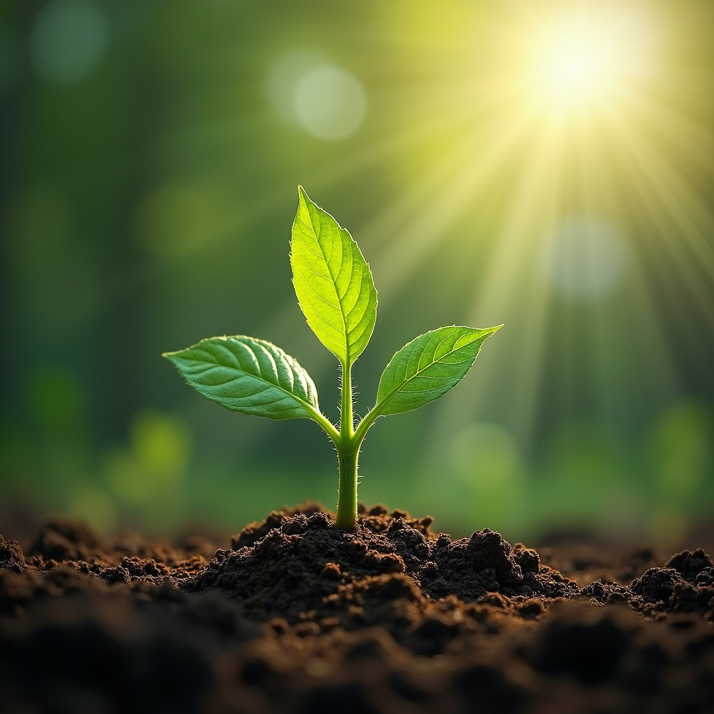 Young plant shoot in sunlight. Inner longing.