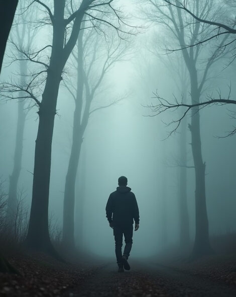 Man walking in a foggy forest. Everything happens for a reason.