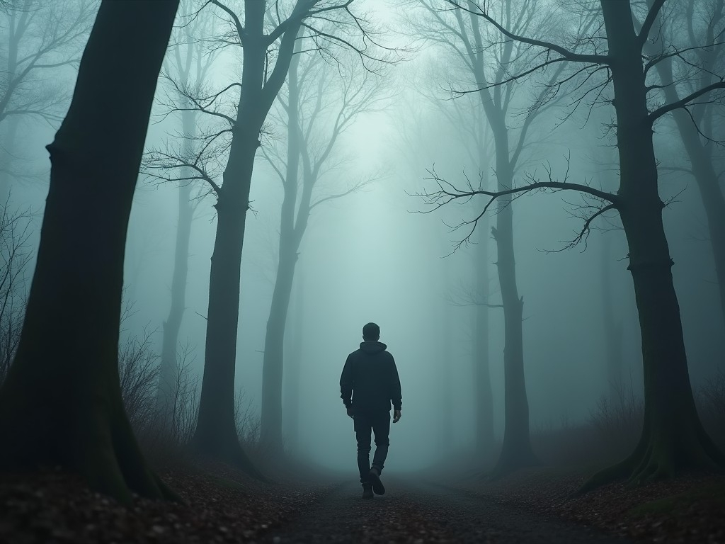 Man walking in a foggy forest. Everything happens for a reason.