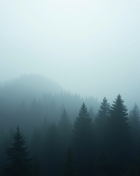 Foggy forest and mountains. Let there be silence.