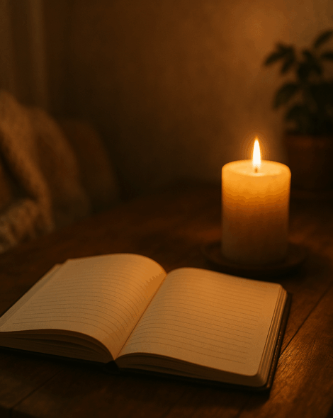 A cozy, quiet space with a journal open on a wooden table, a softly glowing candle nearby, and warm ambient light filling the room. The setting is peaceful and introspective, with soft shadows and a sense of calm. The background includes subtle textures like a blanket or a plant, evoking comfort and reflection.
