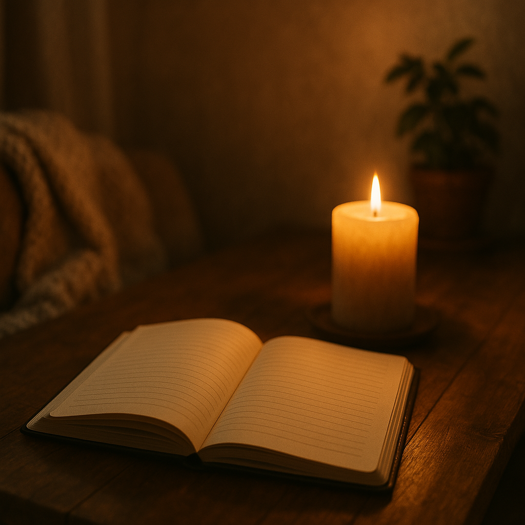 A cozy, quiet space with a journal open on a wooden table, a softly glowing candle nearby, and warm ambient light filling the room. The setting is peaceful and introspective, with soft shadows and a sense of calm. The background includes subtle textures like a blanket or a plant, evoking comfort and reflection.