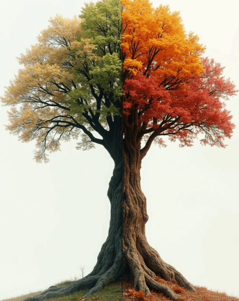 Stunning Oak Tree Symbolizing Seasonal Changes in Hyper-Realistic Double Exposure Art. A Further Journey.