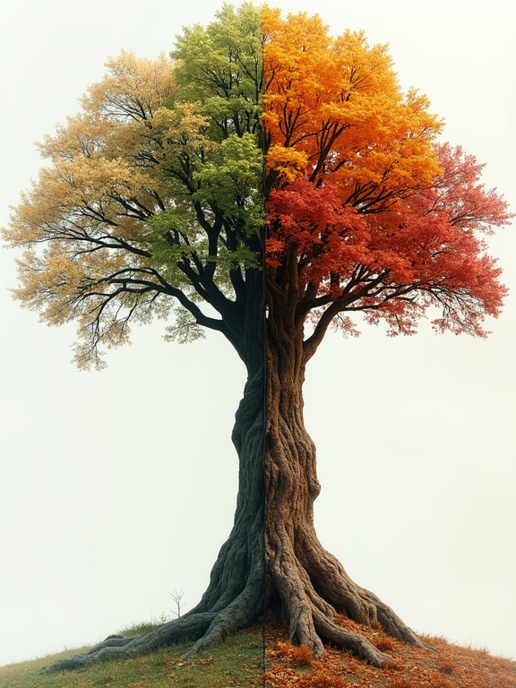 Stunning Oak Tree Symbolizing Seasonal Changes in Hyper-Realistic Double Exposure Art. A Further Journey.